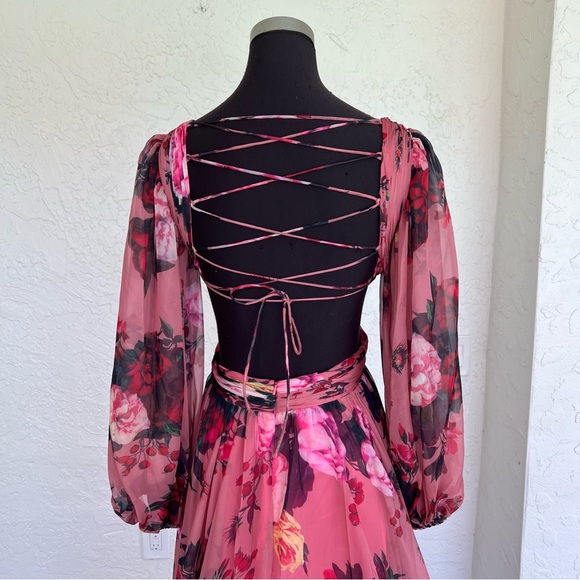 Mac Duggal 67946 Floral Long Sleeve Cut Out Chiffon Maxi Formal Dress Size 4 - Picture 13 of 16